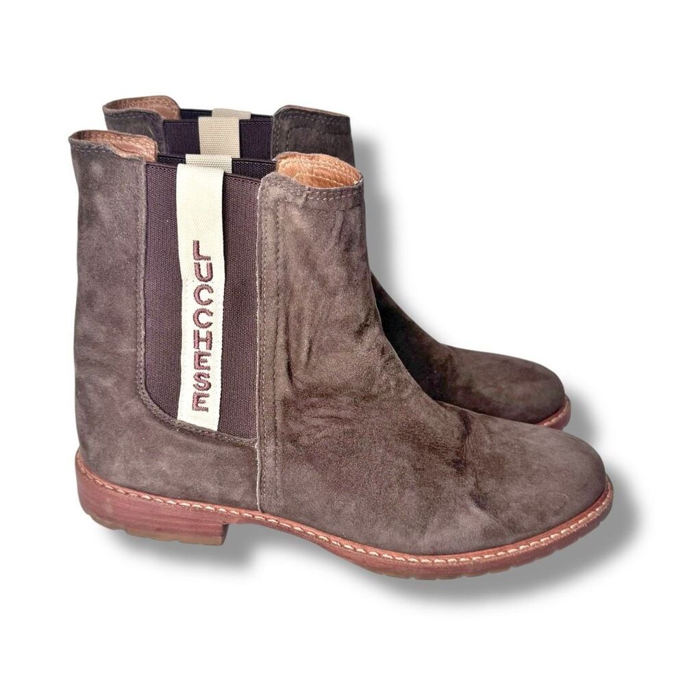 Lucchese Boot Maker Brown Suede Logo All-Weather Town Chelsea Boots Women’s 10M